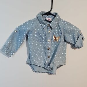 Blue Denim Polka Dot Kids Shirt with Gold Sequin Butterfly Size 24 Months